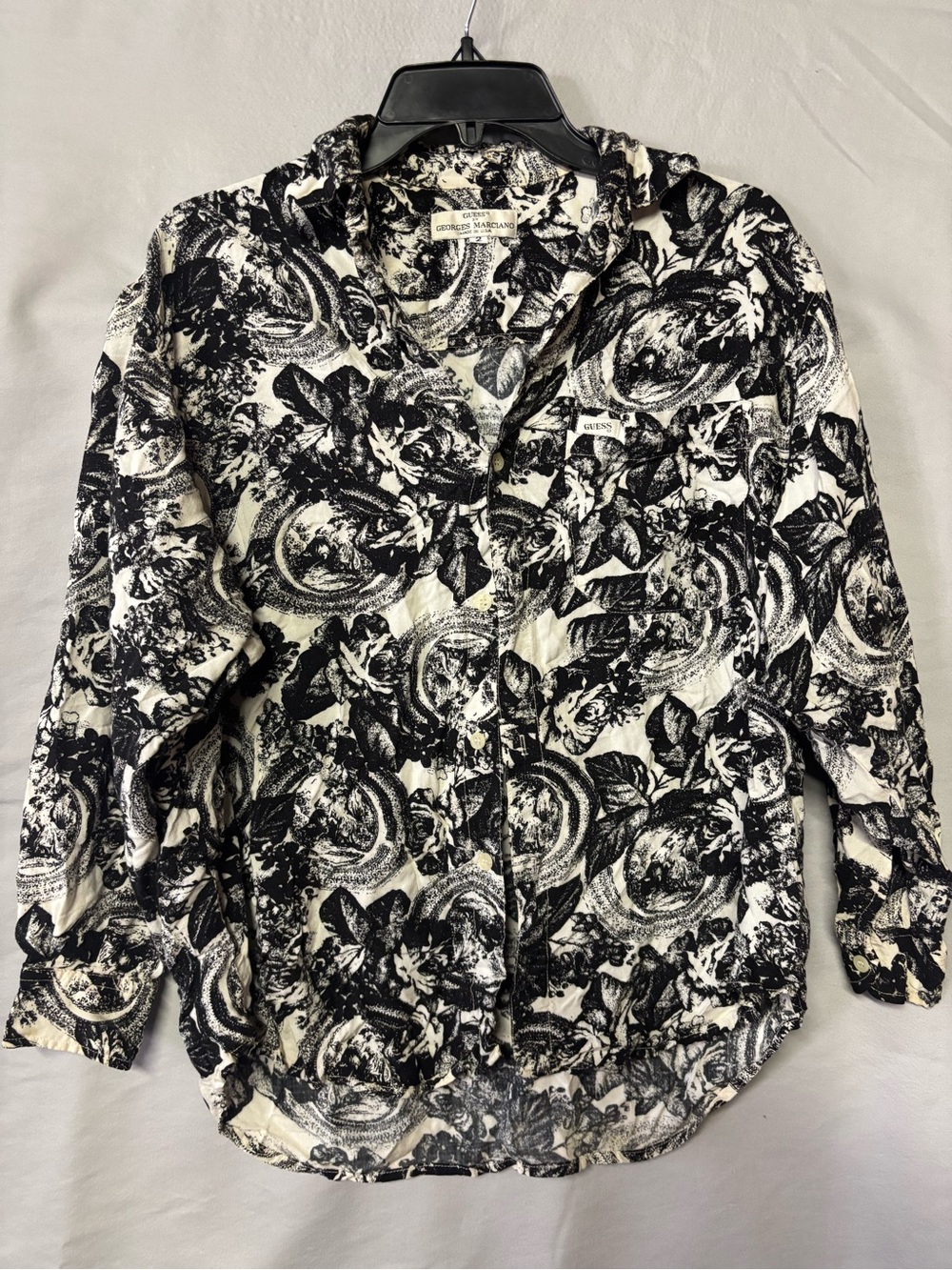Vintage GUESS by Georges Marciano Black and White Floral Button-Up Shirt